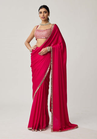 Crimson red gota satin sari and sleeveless blouse