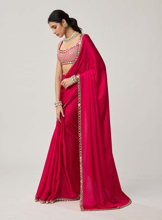 Crimson red gota satin sari and sleeveless blouse