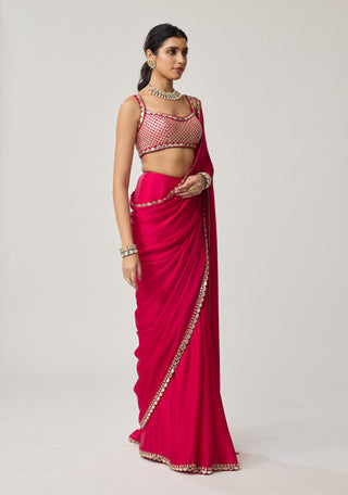 Crimson red gota satin sari and sleeveless blouse