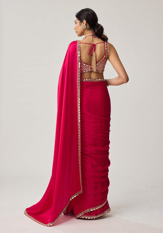 Crimson red gota satin sari and sleeveless blouse