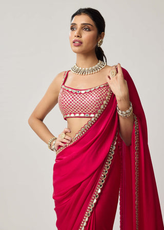 Crimson red gota satin sari and sleeveless blouse