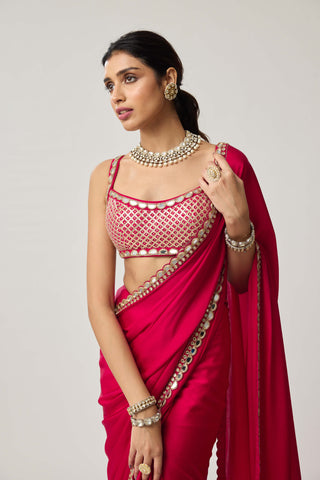 Crimson red gota satin sari and sleeveless blouse