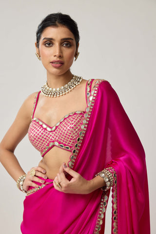 Fuchsia pink gota satin sari and blouse