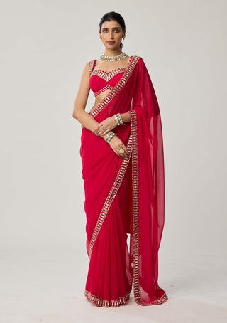 Crimson red mirror georgette sari and blouse