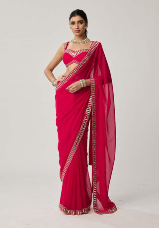 Crimson red mirror georgette sari and blouse