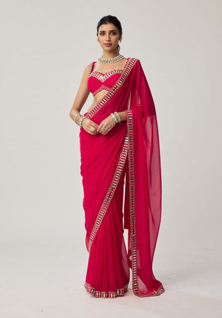 Crimson red mirror georgette sari and blouse