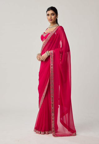 Crimson red mirror georgette sari and blouse