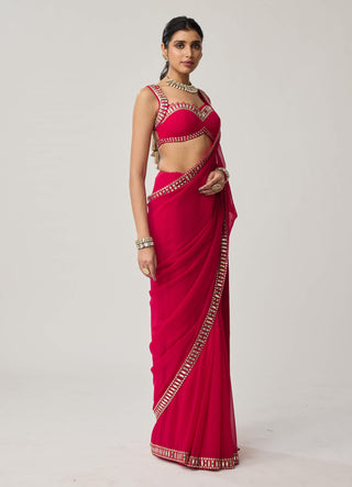 Crimson red mirror georgette sari and blouse