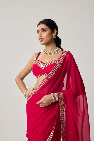 Crimson red mirror georgette sari and blouse