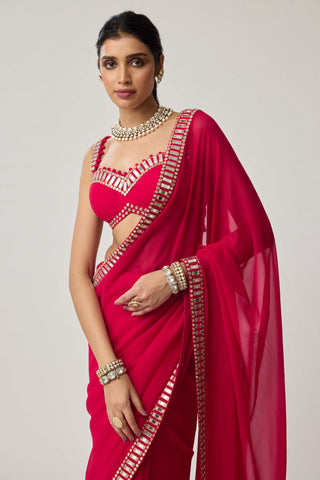 Crimson red mirror georgette sari and blouse