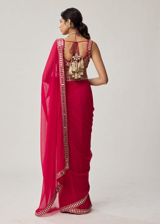 Crimson red mirror georgette sari and blouse