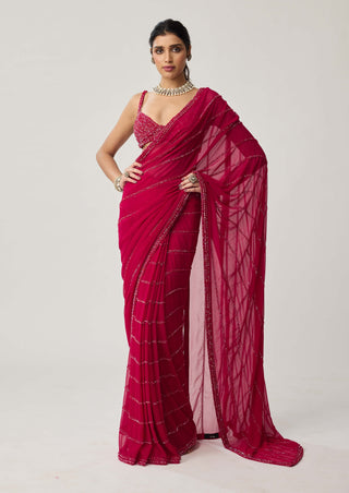 Ruby red crystal georgette sari and blouse