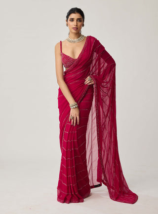 Ruby red crystal georgette sari and blouse