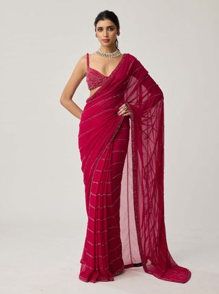 Ruby red crystal georgette sari and blouse