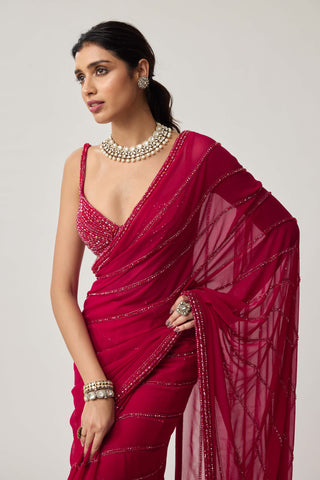 Ruby red crystal georgette sari and blouse