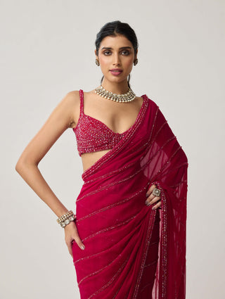 Ruby red crystal georgette sari and blouse