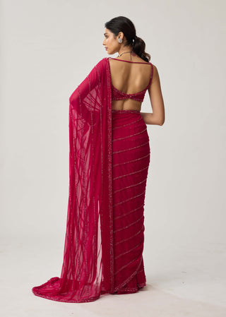 Ruby red crystal georgette sari and blouse