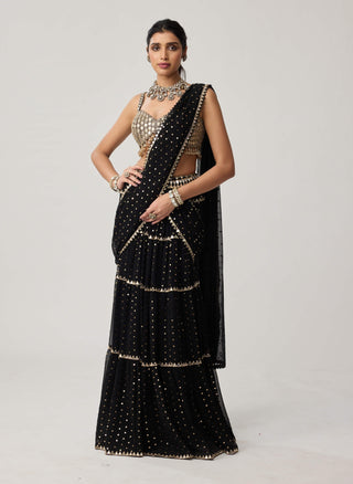 Black georgette multi-tier sari and blouse