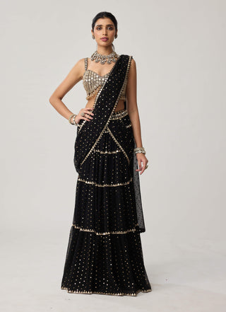 Black georgette multi-tier sari and blouse