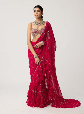Crimson red mirror georgette sari and blouse