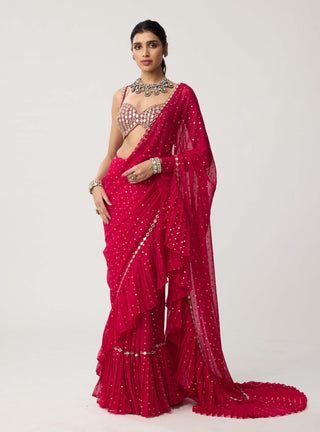 Crimson red mirror georgette sari and blouse