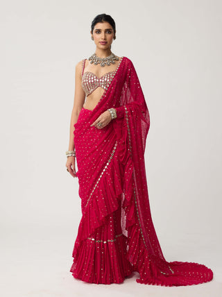 Crimson red mirror georgette sari and blouse