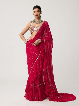 Crimson red mirror georgette sari and blouse