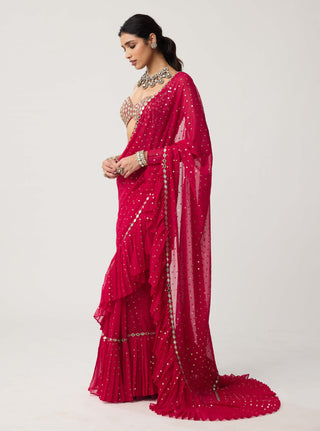 Crimson red mirror georgette sari and blouse