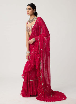 Crimson red mirror georgette sari and blouse