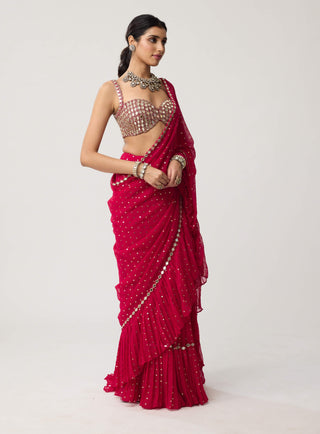 Crimson red mirror georgette sari and blouse