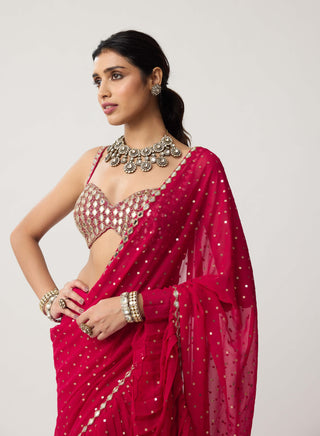 Crimson red mirror georgette sari and blouse