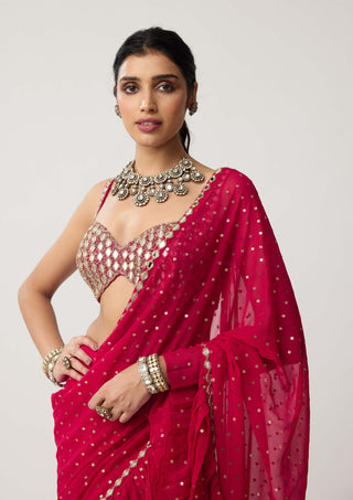 Crimson red mirror georgette sari and blouse
