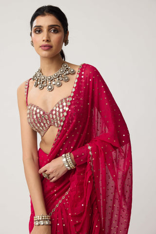 Crimson red mirror georgette sari and blouse