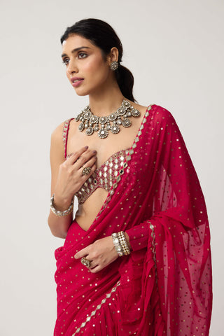 Crimson red mirror georgette sari and blouse