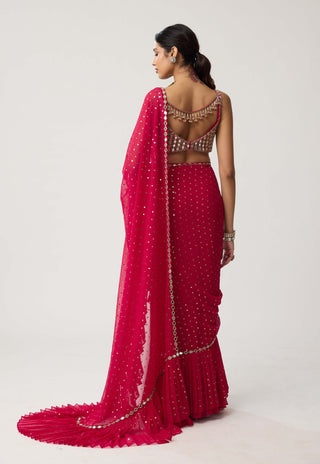 Crimson red mirror georgette sari and blouse