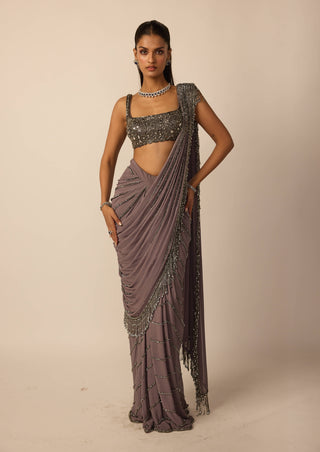 Metallic gray linear draped sari and blouse