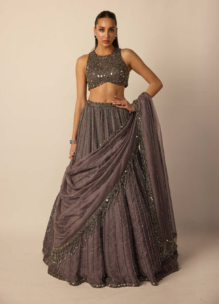 Metallic gray linear lehenga set