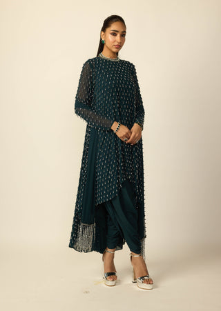 Dark teal silver drop kurta with stole