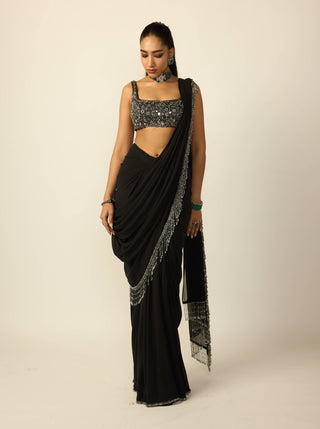 Black georgette tassel sari and blouse