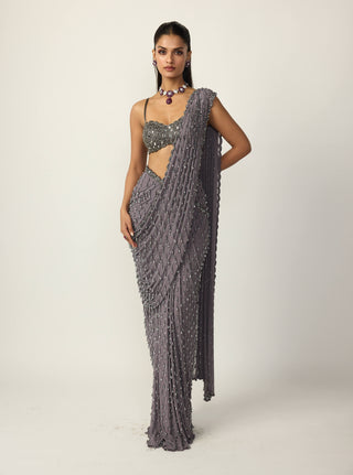 Metallic gray single drop draped sari and blouse