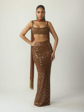 Metallic copper pencil skirt set