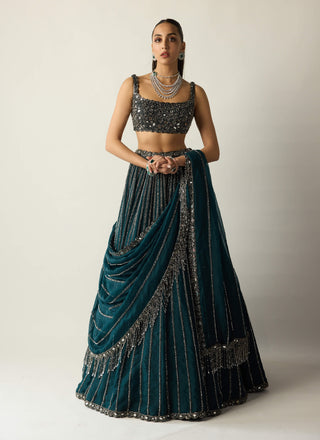 Dark teal linear lehenga set