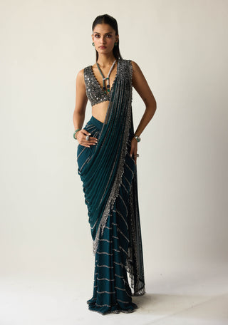 Dark teal linear draped sari and blouse