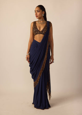 Deep blue georgette tassel sari and blouse