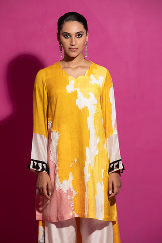 Saksham & Neharicka-Yellow Abstract Print Kurta And Pant-INDIASPOPUP.COM