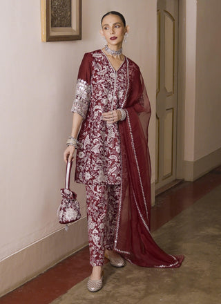 Vallari Maroon Embroidered Kurta Set by Saksham & Neharicka available on Indiaspopup