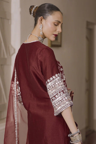 Vallari Maroon Embroidered Kurta Set by Saksham & Neharicka available on Indiaspopup