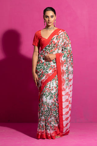 Saksham & Neharicka-Naushad Red Printed Sari And Unstitched Blouse-INDIASPOPUP.COM