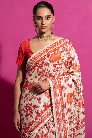 Saksham & Neharicka-Bagh-E-Hiran Red Sari And Unstitched Blouse-INDIASPOPUP.COM