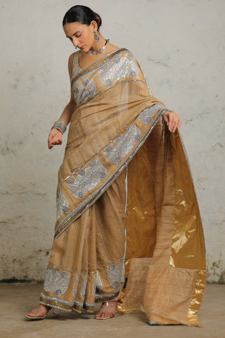 Saksham & Neharicka-Mahalaya Beige Sari And Unstitched Blouse-INDIASPOPUP.COM